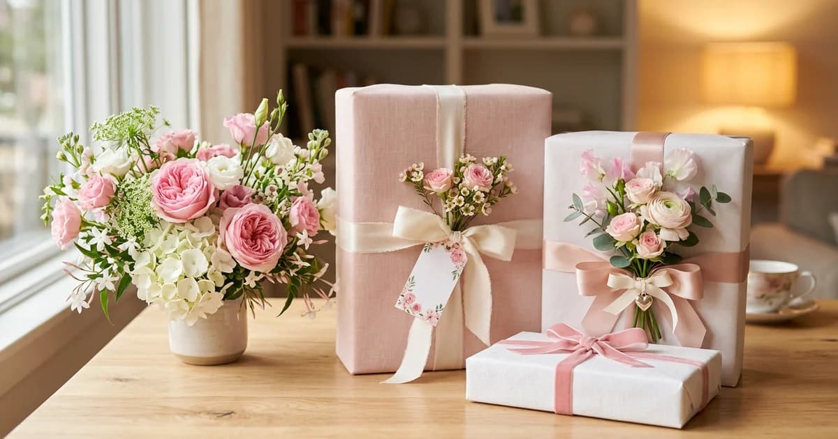 Mother's Day wishlist with beautifully wrapped gifts and flowers