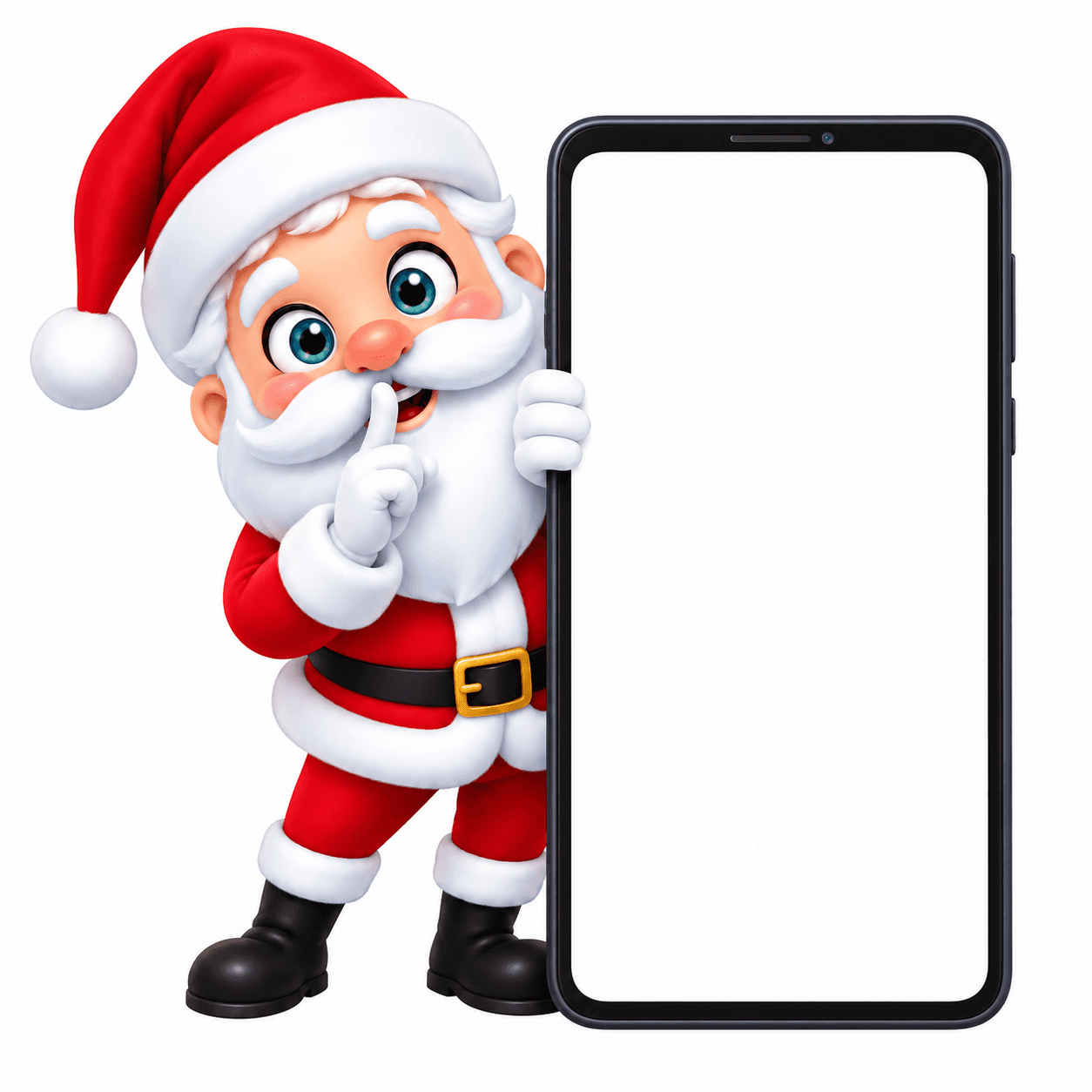 Santa holds up his phone to reveal his Secret Santa match, Mrs Claus, while making a shh gesture.