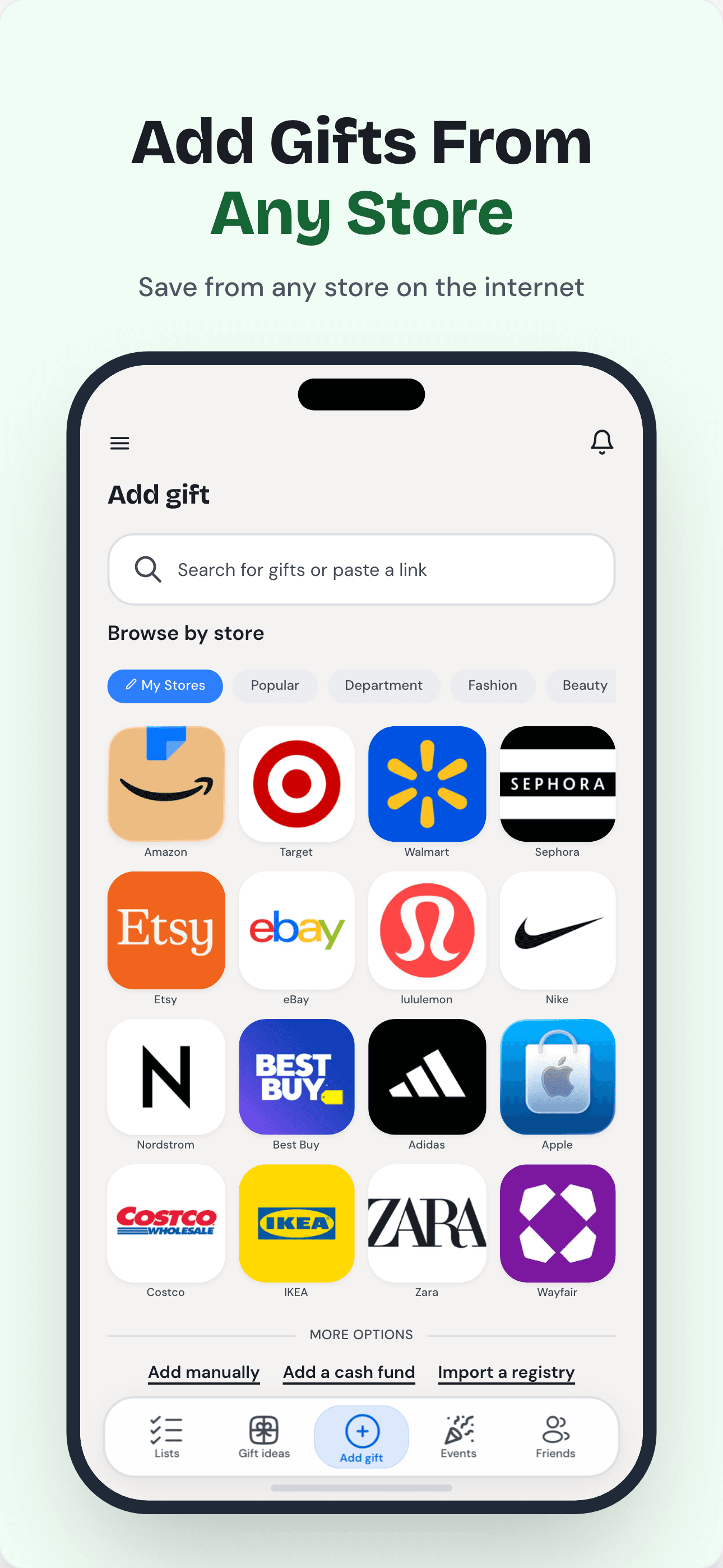 Adding from different stores — illustrative App Store marketing composition