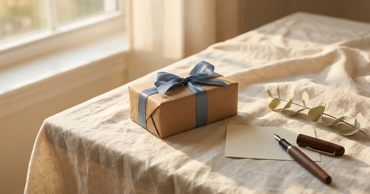 A modest gift wrapped in kraft paper with a blue ribbon next to a blank notecard and fountain pen in warm afternoon light