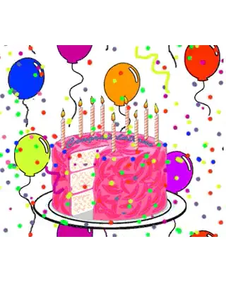 A drawn pink birthday cake with lit candles, balloons and falling confetti
