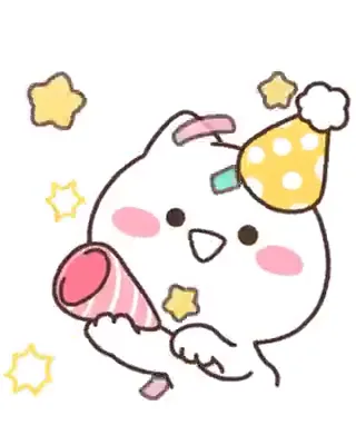 A drawn cat in a polka-dot party hat surrounded by yellow stars