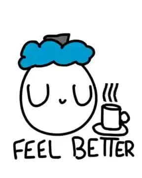 A drawn face under an ice pack beside a steaming mug, reading "Feel better"