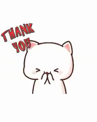 A drawn white kitten between red hearts, under "Thank you"