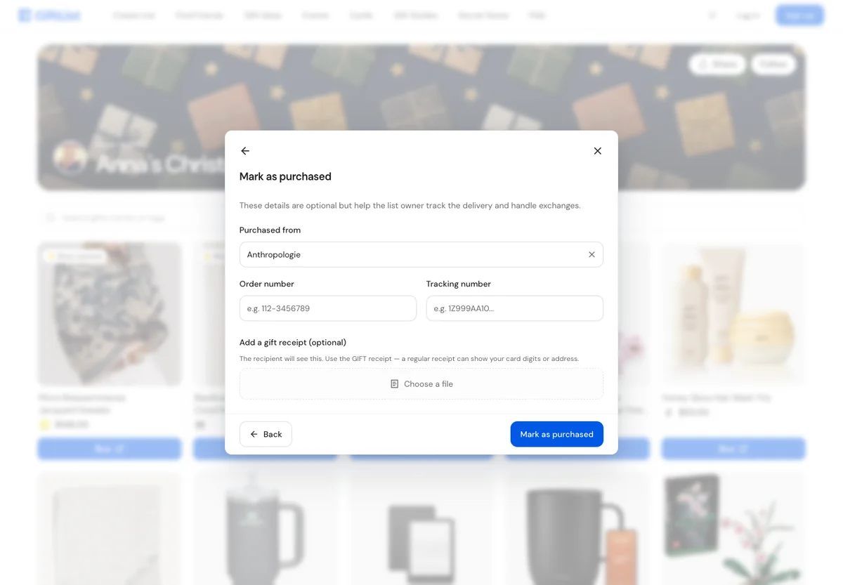 The next screen has optional delivery details and the final Mark as purchased button