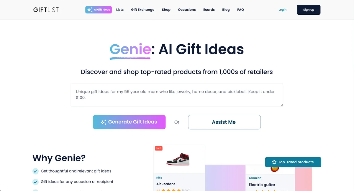 GiftList Genie’s original gift ideas interface from 2023