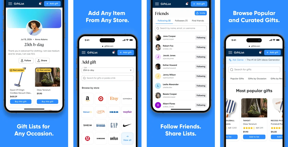 GiftList mobile app screens from the original iOS launch announcement